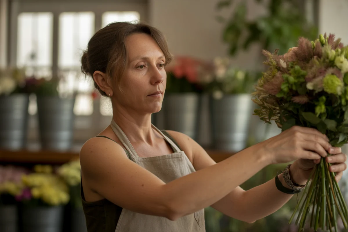 Fleuriste Floraseed en train de créer un bouquet artisanal à Mios